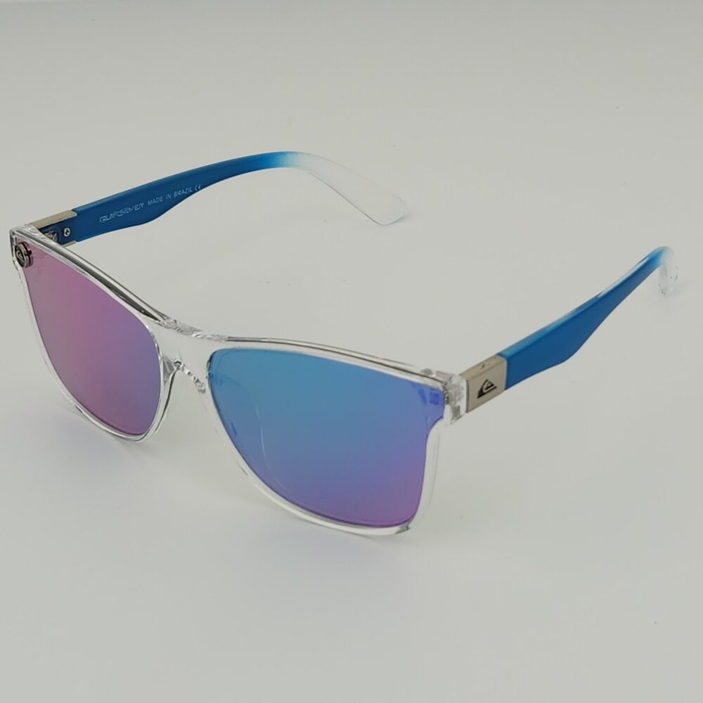 Quiksilver Round Flat Lens Sunglasses Clear Frame Blue Arms Blue-Mirror Lens Q28